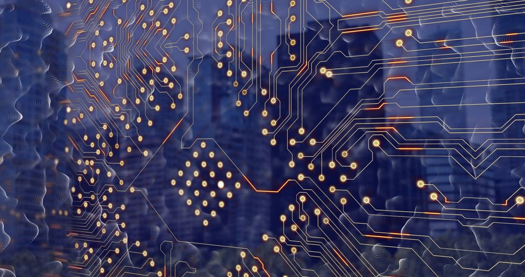 Futuristic Circuitry Overlay on Cityscape Demonstrating Digital Connectivity