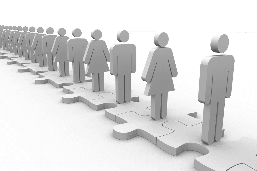 Transparent Row of People Standing on Jigsaw Puzzle Pieces