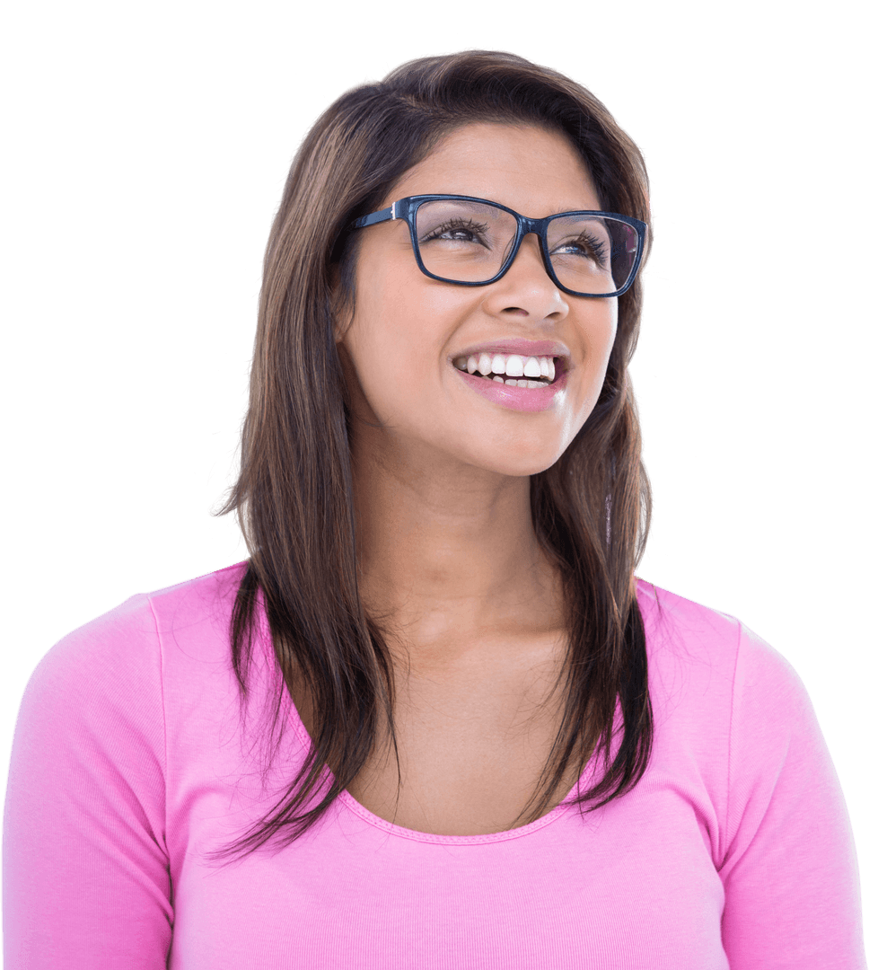 Cheerful Woman Wearing Stylish Geek Glasses on Transparent Background