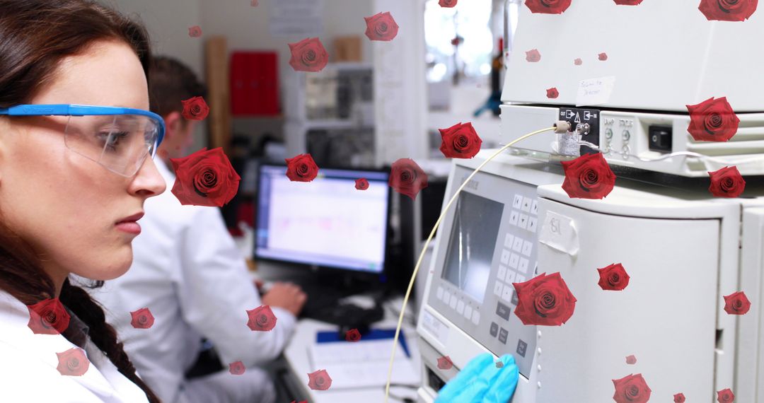 Young Female Scientist in Laboratory with Digital Rose Overlay