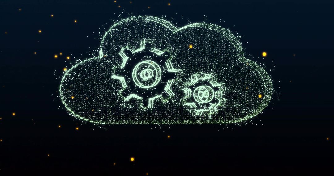 Digital Cloud with Spinning Gears and Glowing Elements