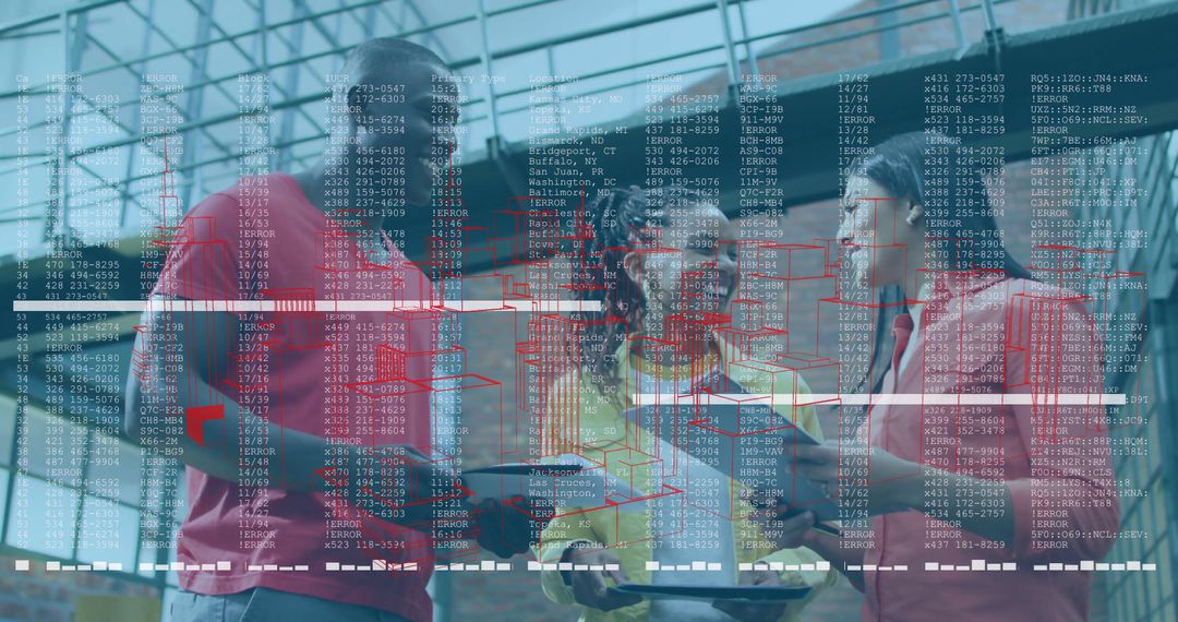 Construction Workers Analyzing Data Through Digital Technology Overlay