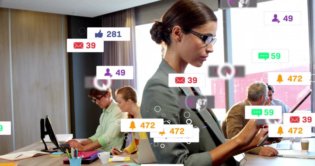 Businesswoman Scrolling Social Media Metrics in Open Office