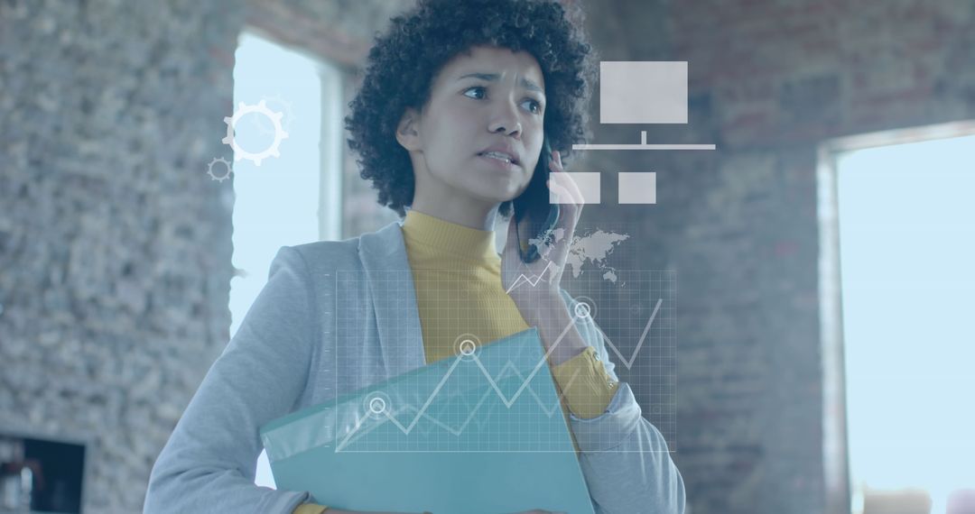 Focused Businesswoman Using Smartphone with Digital Data Interface