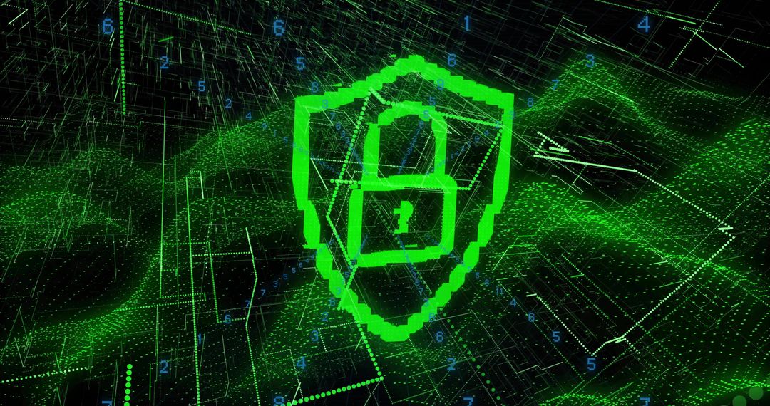 Neon Green Pixel Shield Protecting Data on Virtual Cyber Grid with Padlock Question Mark