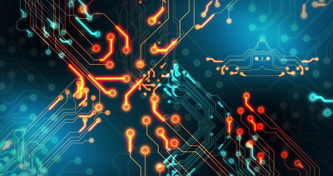 Abstract Circuit Board with Glowing Lines on Black Background