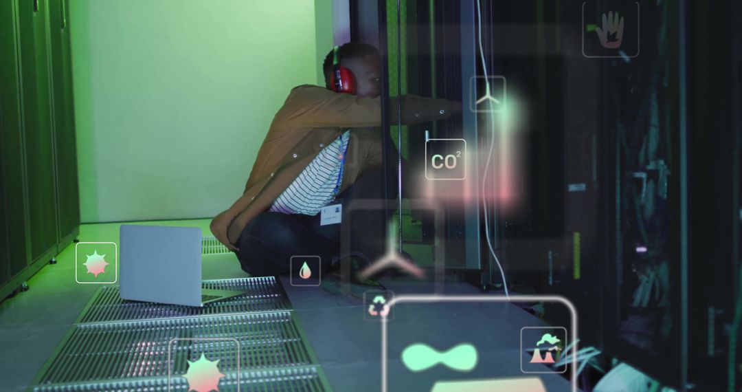 Ecology Icons and Technician Managing Data Server Room