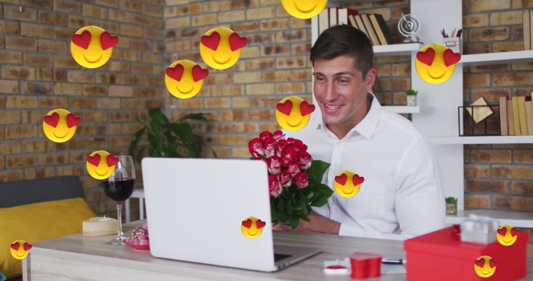 Man Holding Roses on Video Call Surrounded by Heart Emojis