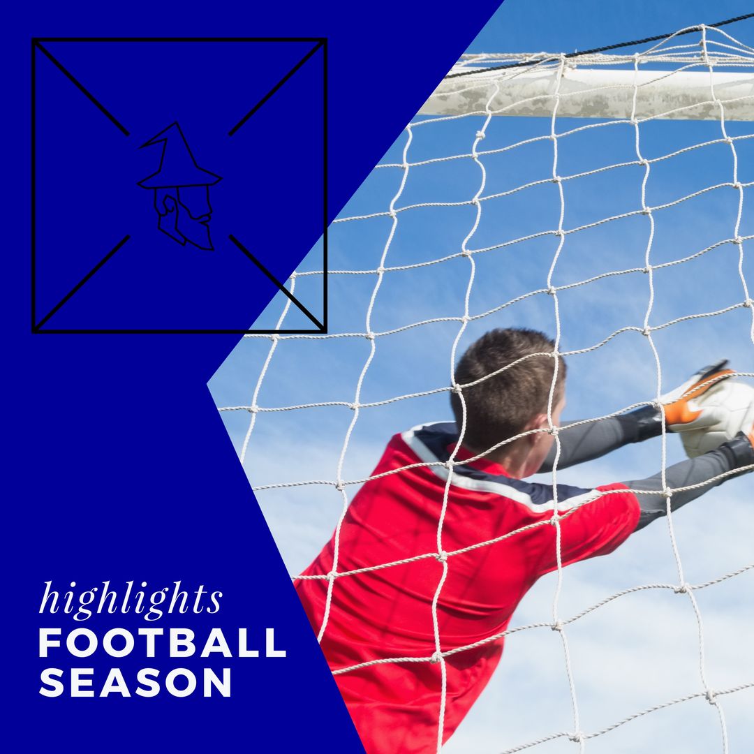 Square image of football season highlights and caucasian male goalkeeper - Download Free Stock Templates Pikwizard.com