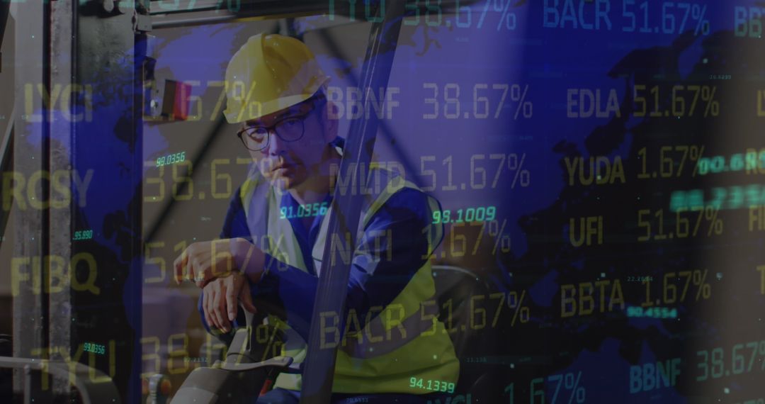 Global Data Overlay with Industrial Worker in Warehouse