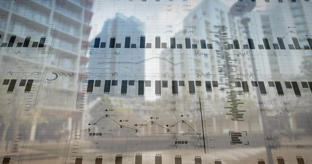 Cityscape Infused with Financial Data Charts and Graphs