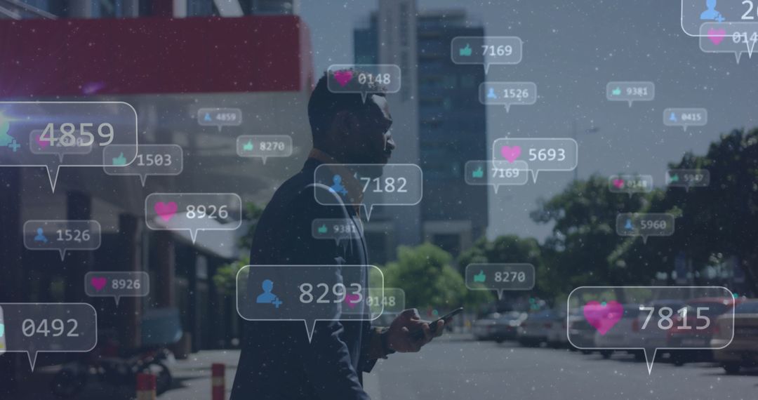 Businessman Navigating the Urban Jungle with Social Media Notifications