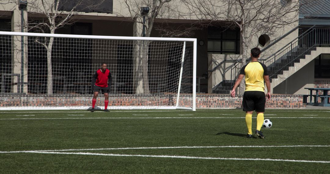 Soccer Player Taking Penalty Kick on Sunny Day