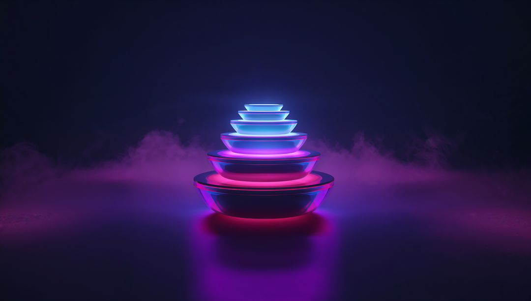Glowing Neon Bowl Stack Emitting Magenta and Cyan Rim Light on Reflective Floor