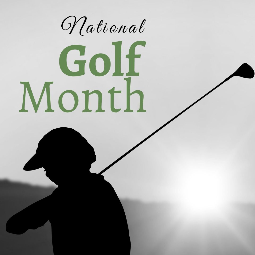 Composite of silhouette woman taking golf shot with club and national golf month text against sky - Download Free Stock Templates Pikwizard.com