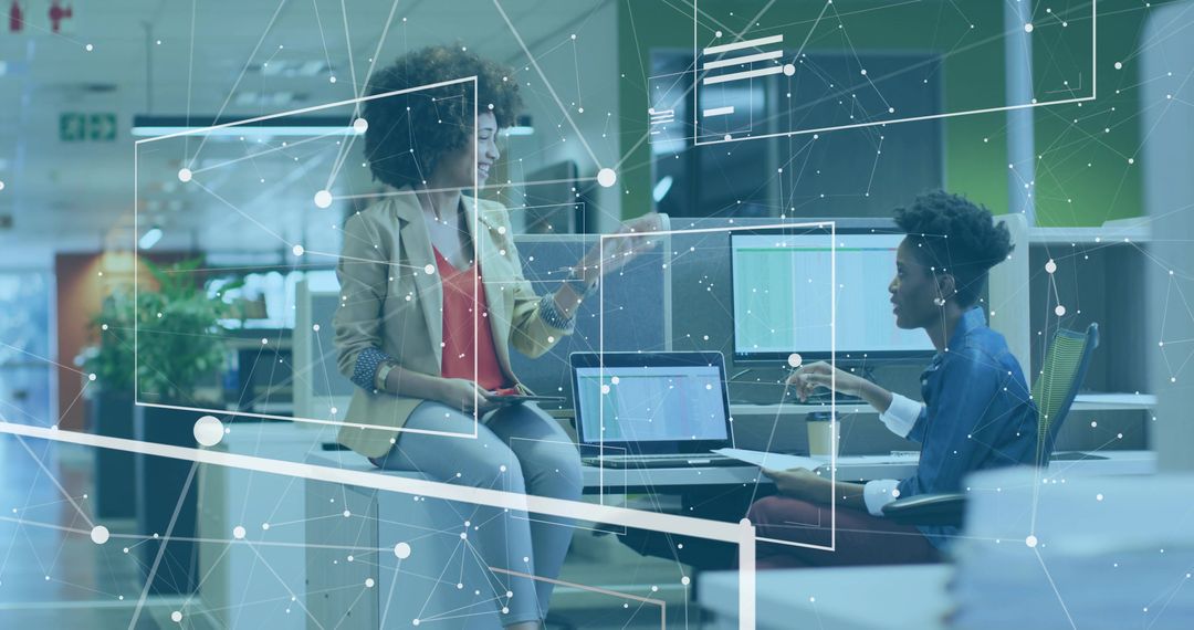 Coworkers Collaborating with Digital Network Overlay in Modern Office