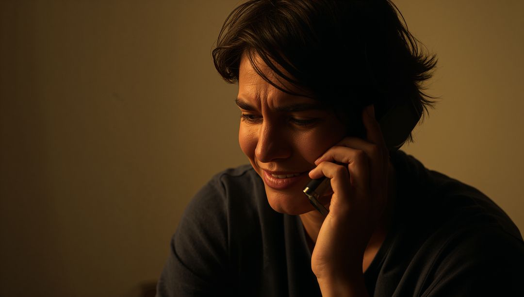 Warm closeup of woman listening on phone with introspective expression