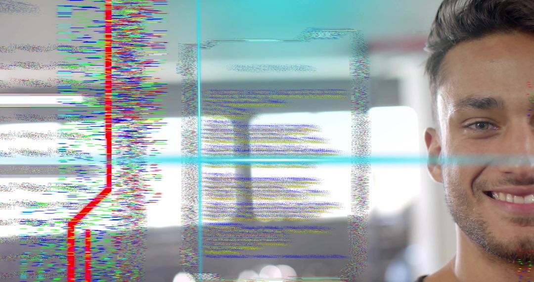 Handsome Man Smiling Amidst Futuristic Digital Glitch Effects