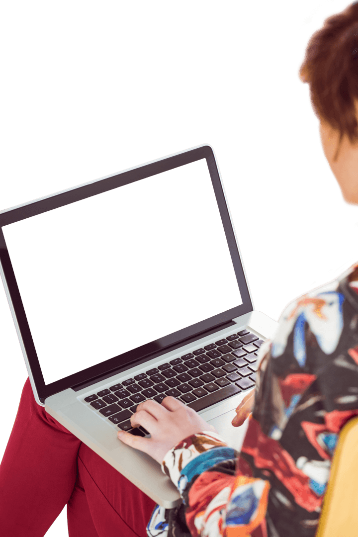 Woman Sitting with Laptop on Blank Transparent Background