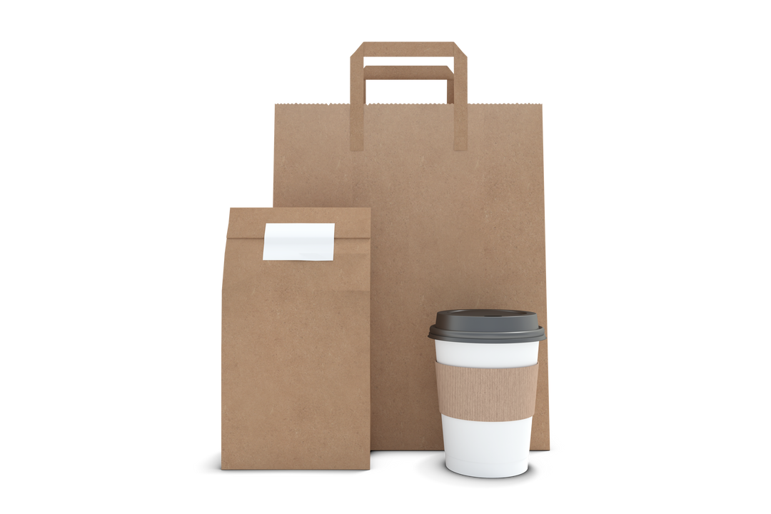 Transparent Coffee Cup and Brown Parcel Bag Combination on White Background - Download Free Stock Images Pikwizard.com