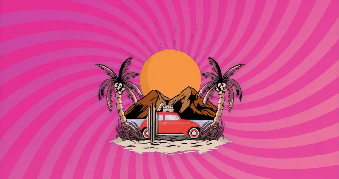 Vintage Destination: Retro Car with Palms and Surfboard Under Vibrant Sunset