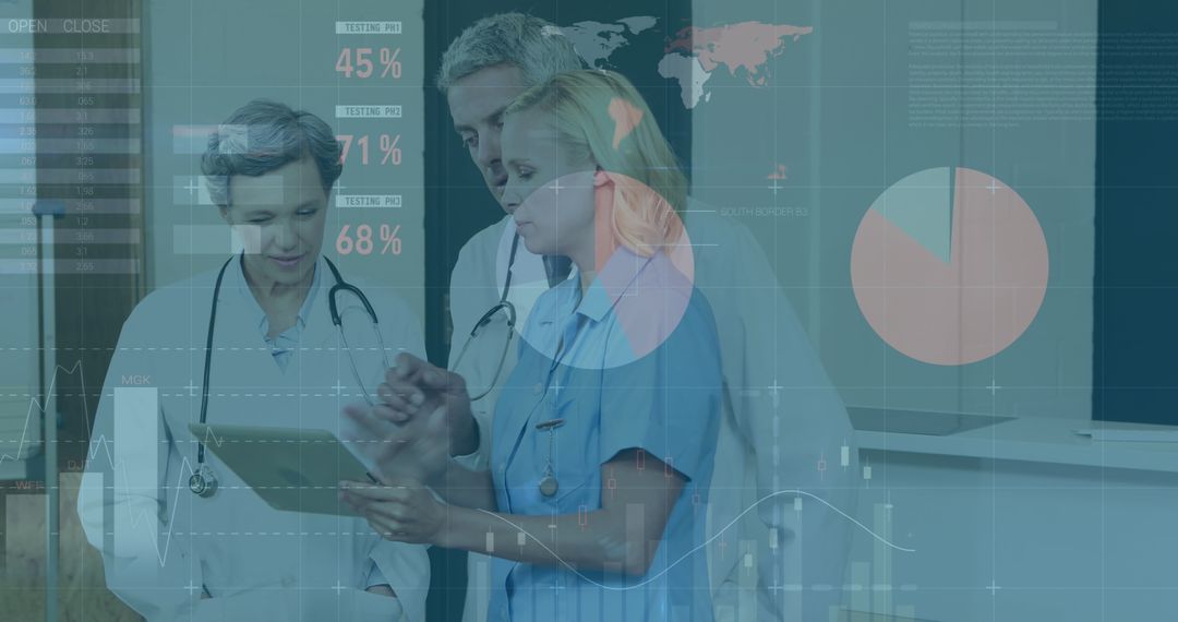 Diverse Doctors Analyzing Data with Global Digital Interface