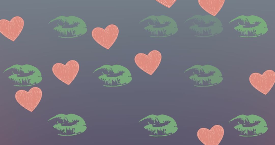 Romantic Pattern with Green Lips and Pink Hearts on Pastel Background