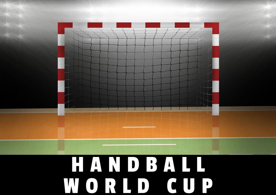 Composite image of handball world cup text with goal post at illuminated sports court - Free Images, Stock Photos and Pictures on Pikwizard.com