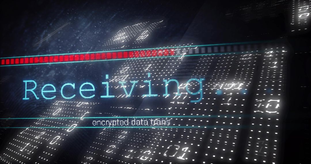 Futuristic cyan HUD receiving encrypted data transfer with progress bar and binary grid