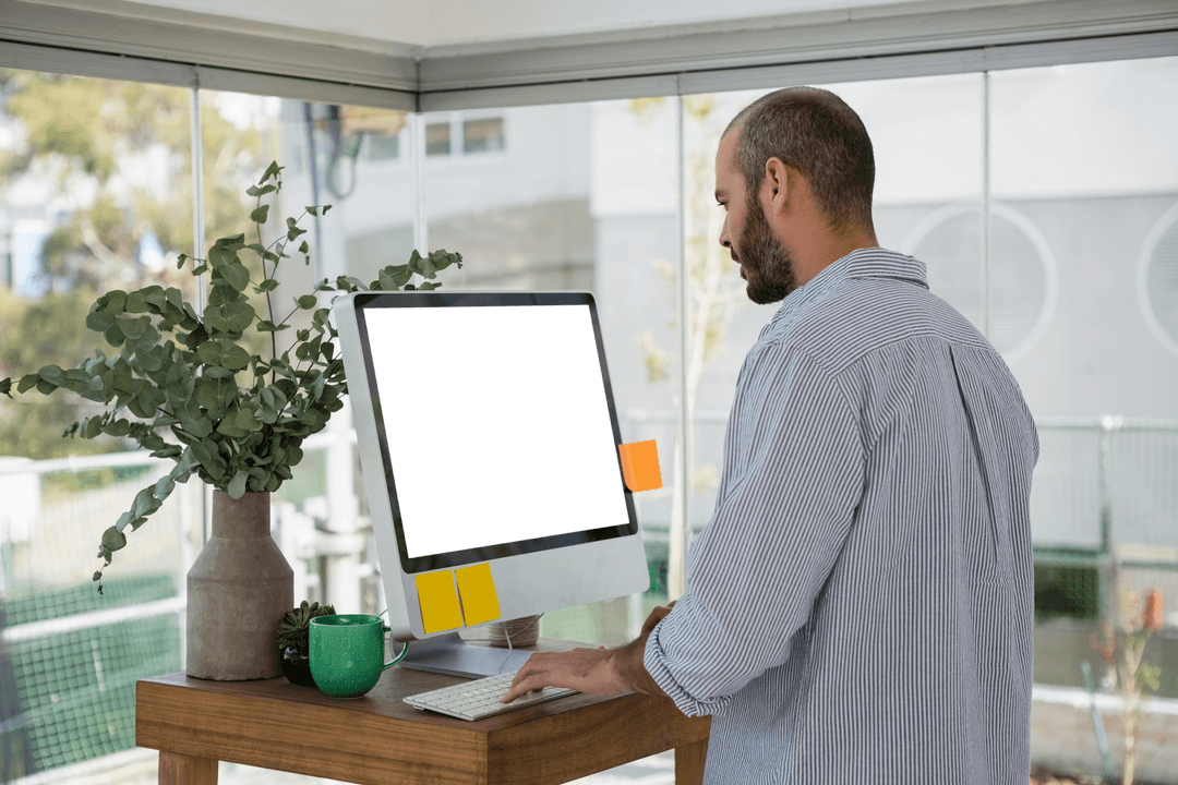 Transparent Placeholder Screen Workspace with Male Designer