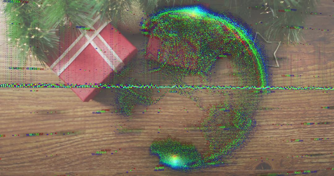 Presenting glitching festive gift on wooden table with pine sprigs and TV static distortion