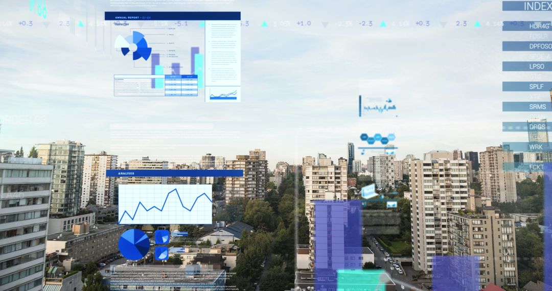 Financial Analytics Displayed Over Urban Cityscape Skyline