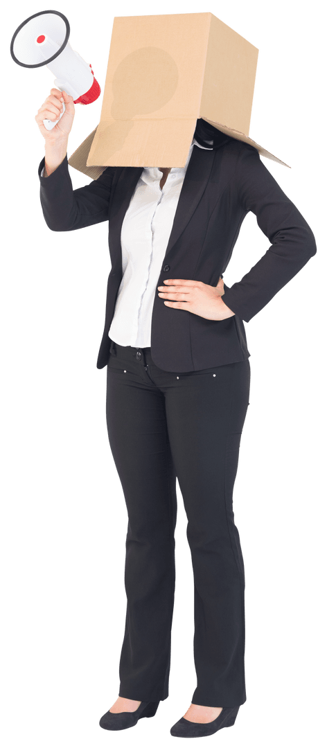 Anonymous Woman in Suit with Box on Head and Transparent Megaphone