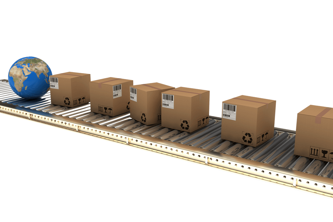 Transparent Conveyor Belt with Boxes and Globe