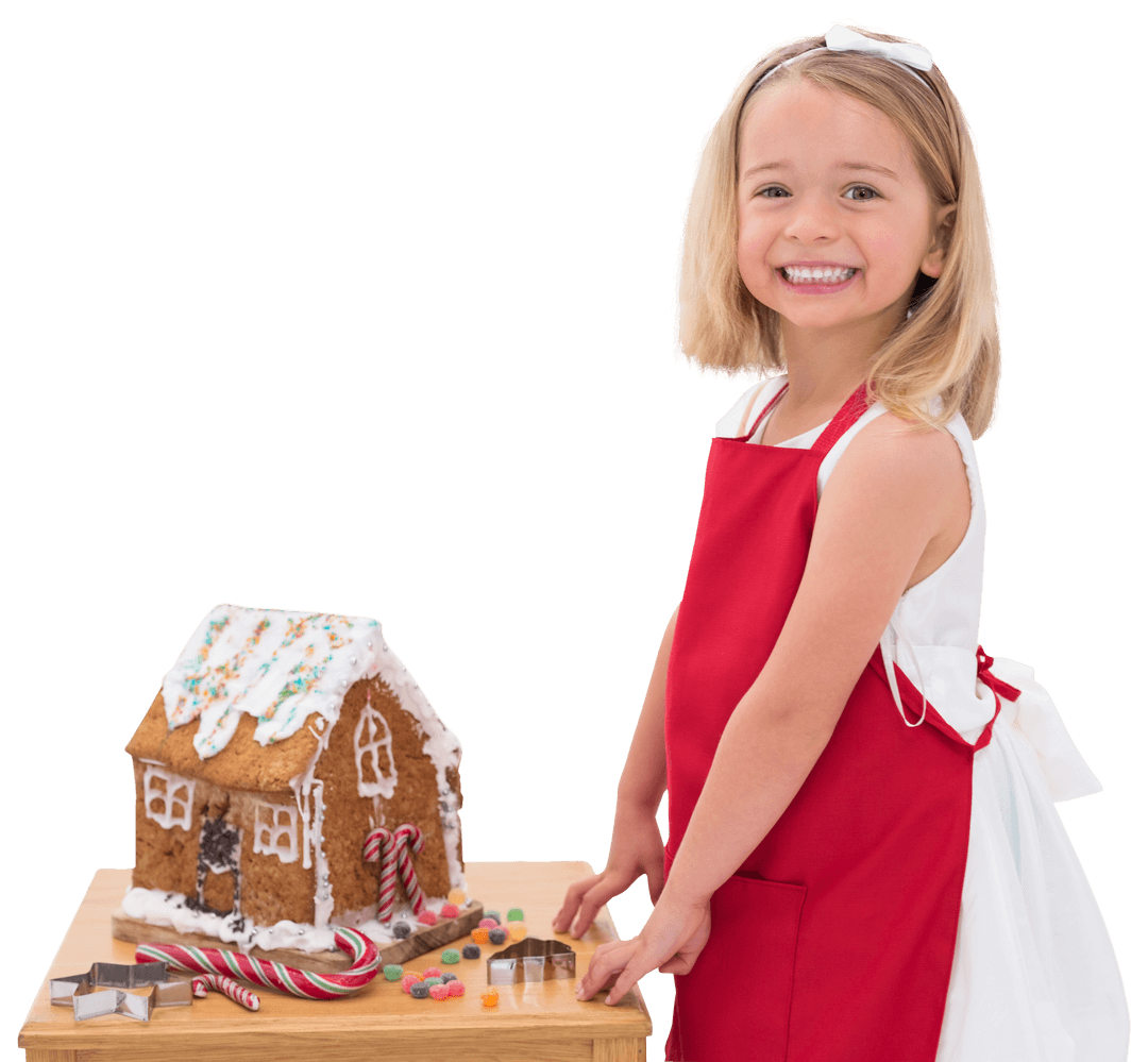 Transparent Smiling Child Baking Colorful Gingerbread House Holiday Fun