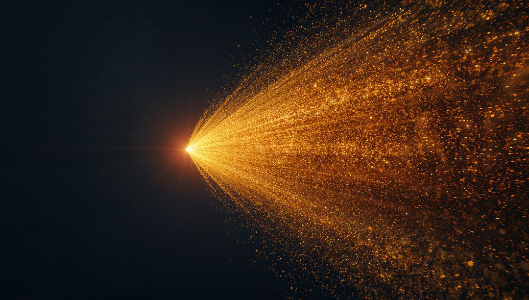 Golden particle cone emitting radiant light stream on dark studio background sparkling glitter