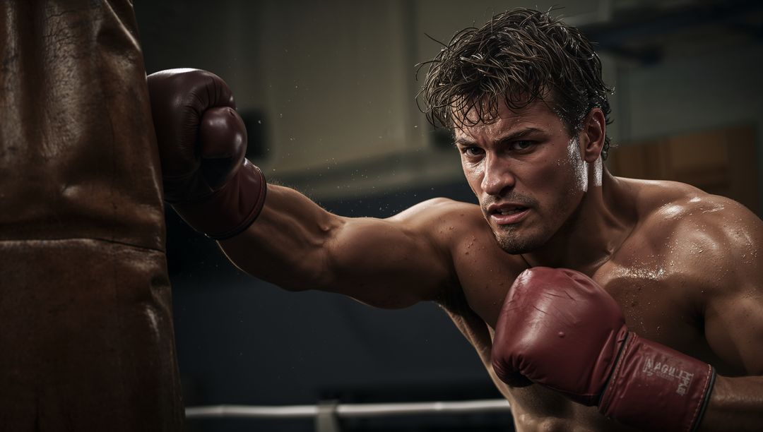 Boxer Intently Training with Punching Bag in Gym
