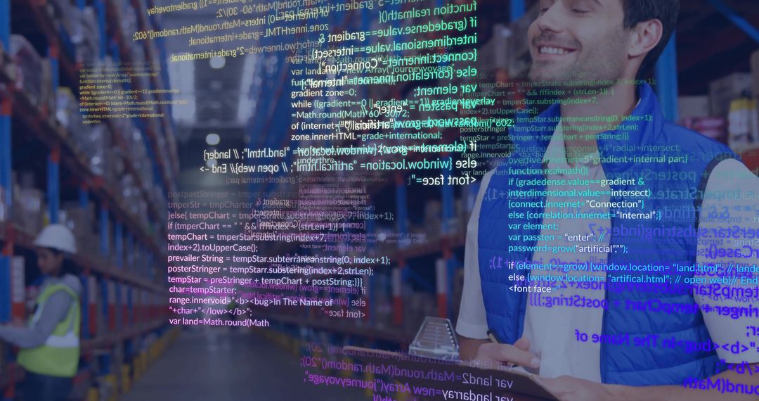 Warehouse Worker with Code Overlay Illustrating Modern Logistics