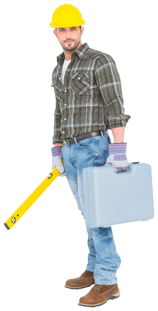 Transparent Portrait of Construction Worker with Spirit Level and Toolbox