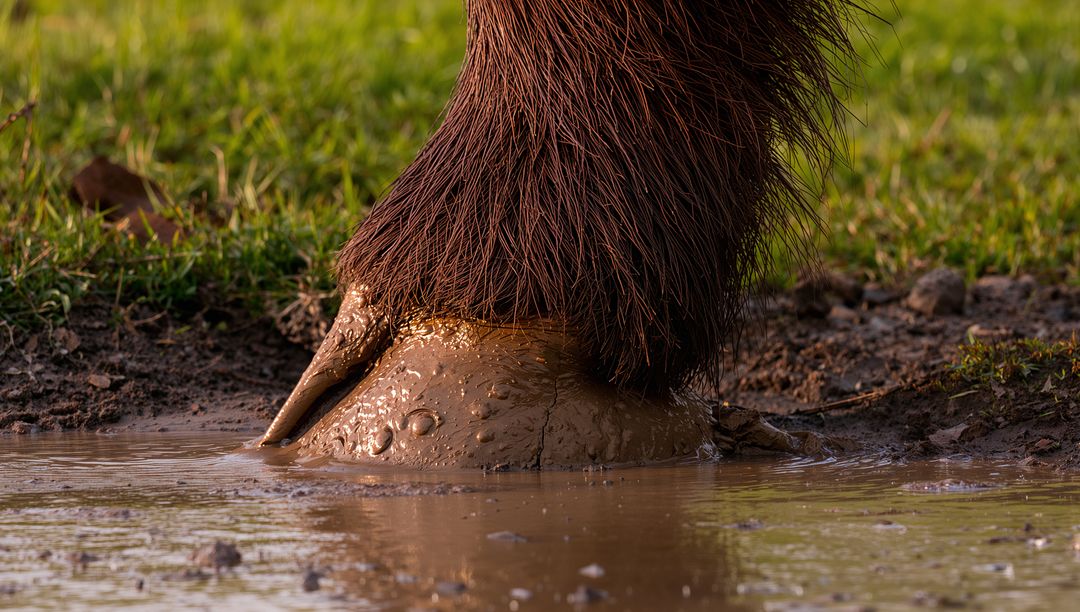 Large hairy hoof sinking into muddy puddle at grassy bank, close-up mud texture and water