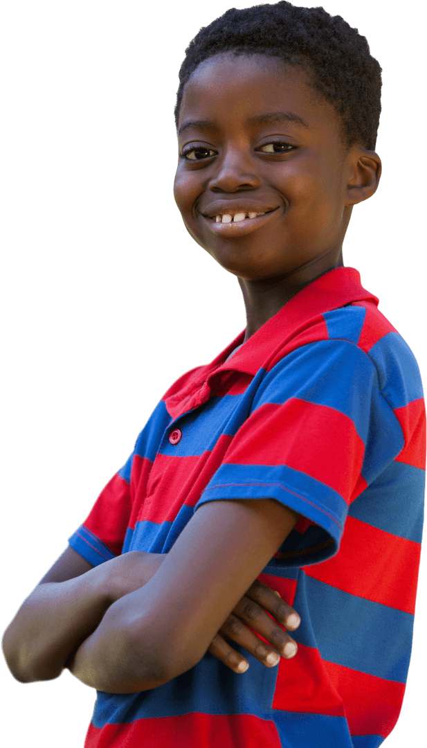 Smiling Boy with Crossed Arms in Striped Shirt