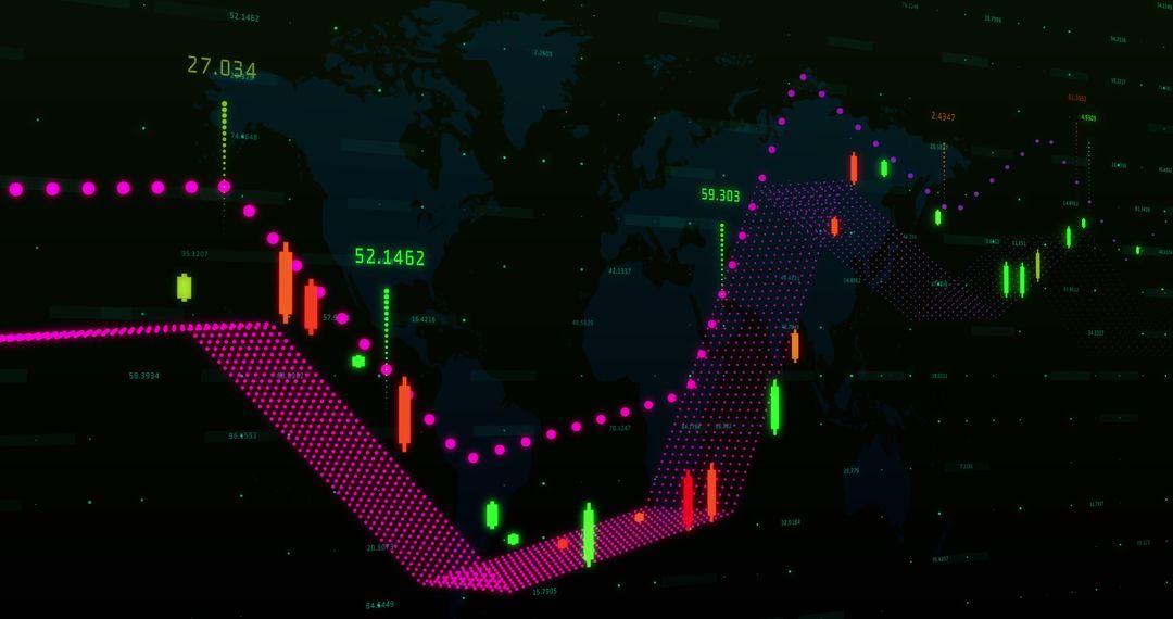 Dynamic Digital Graph Overlay on World Map Illustrating Global Market Trends