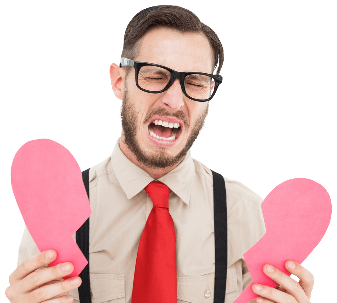 Geeky Hipster Depressed While Holding Broken Heart Cutout