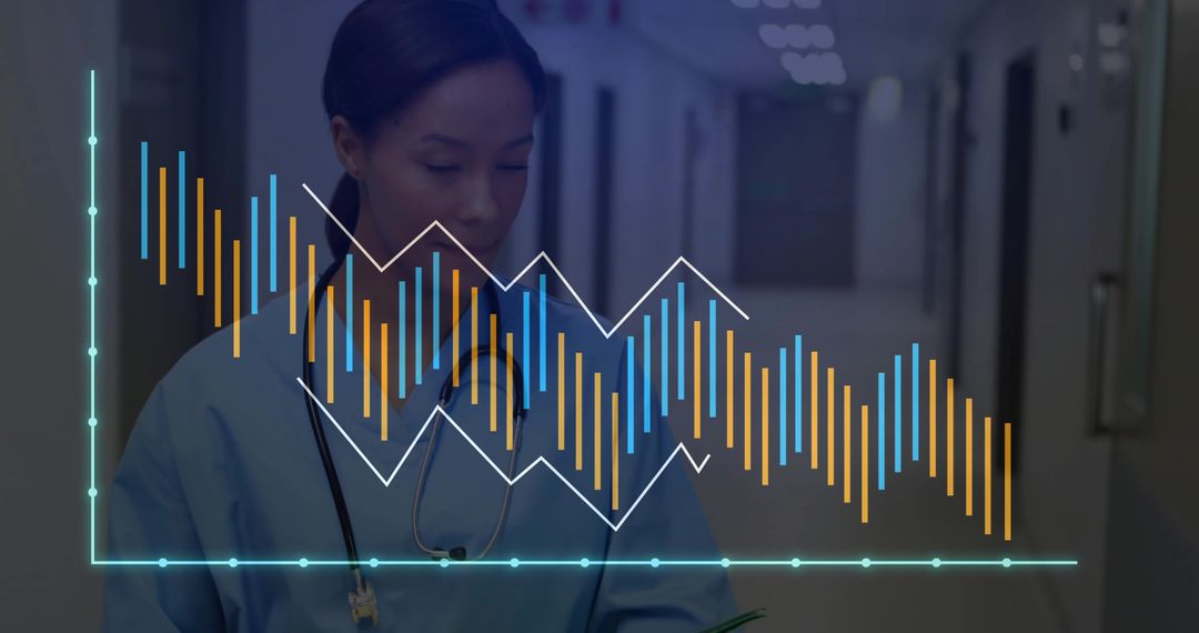 Nurse Analyzing Patient Data with Digital Graph Overlay in Hospital Corridor