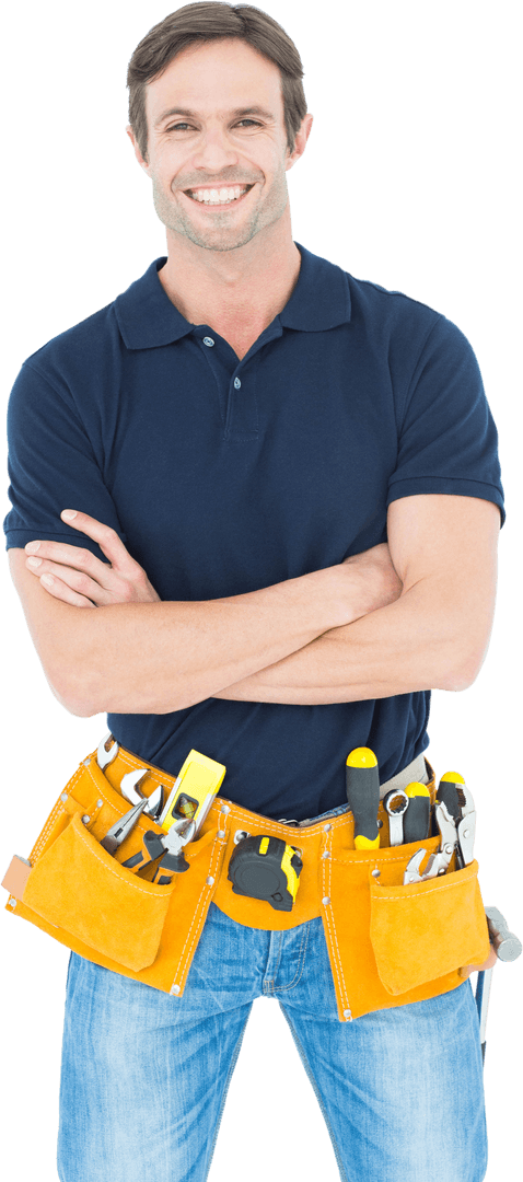 Confident Handyman Smiling With Tool Belt Isolated on Transparent Background