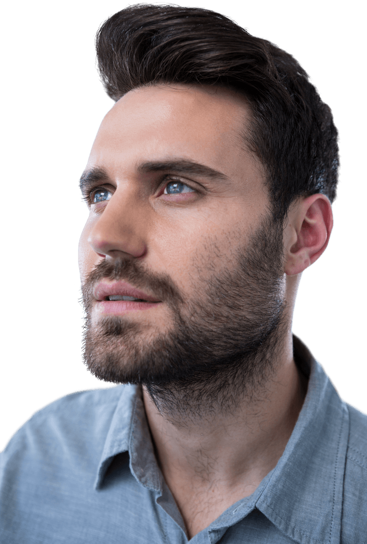 Thoughtful Man with Transparent Background Looking Up Calm Reflection