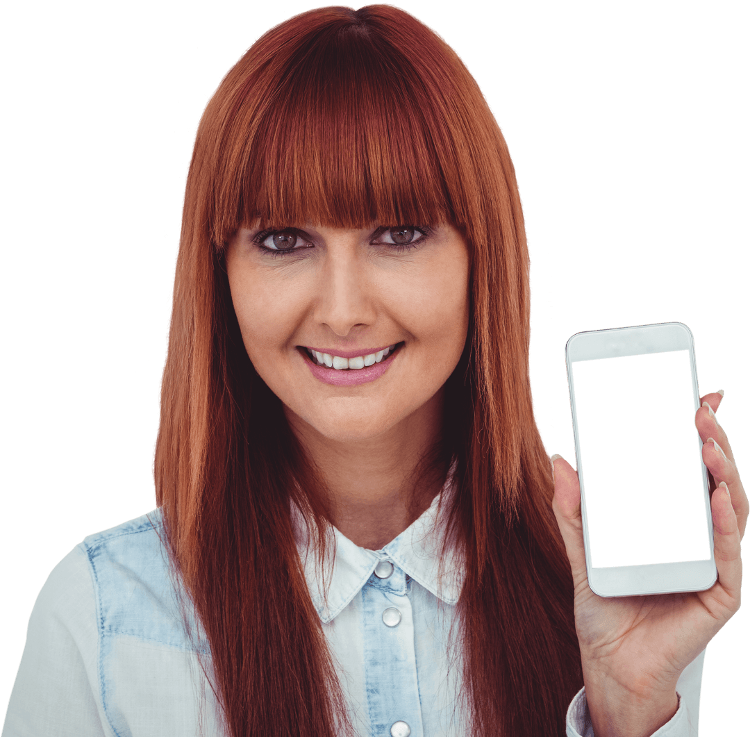 Smiling Woman Displaying Smartphone with Transparent Clipping Path