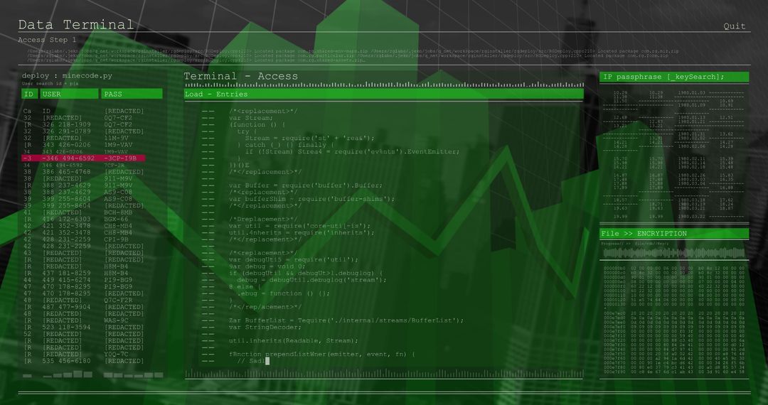 Data Terminal with Moving Graph Lines over Skyscrapers