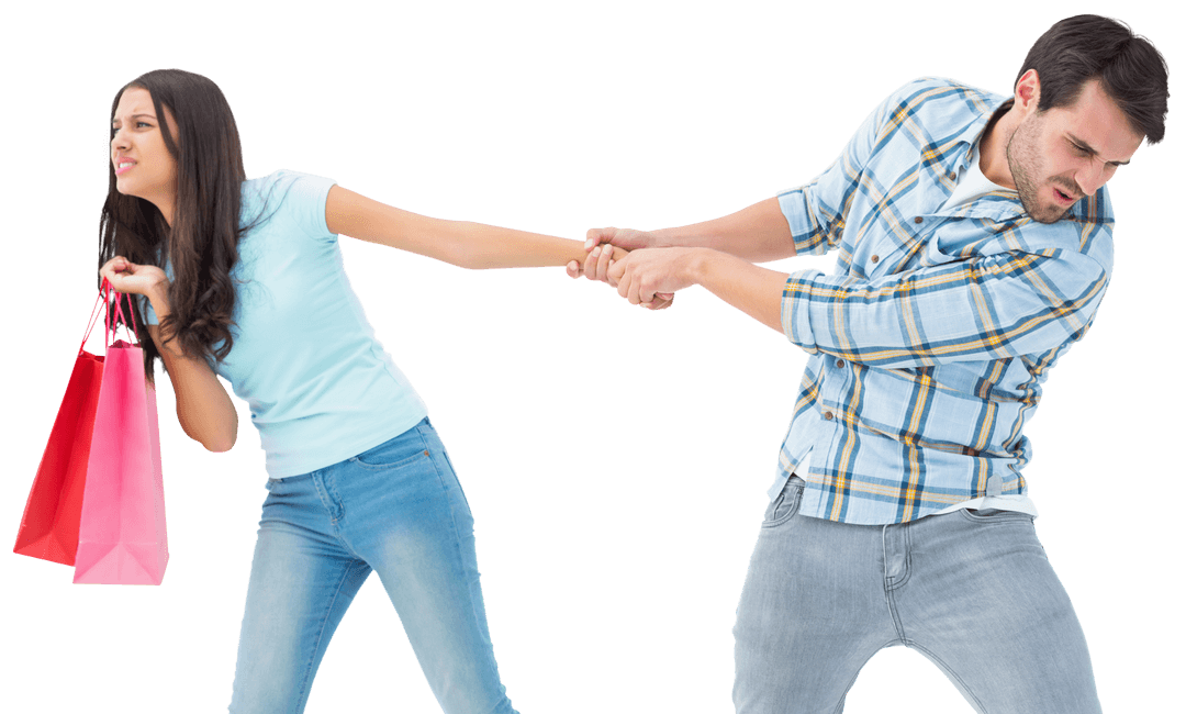 Caucasian Couple Arguing About Shopping on Transparent Background