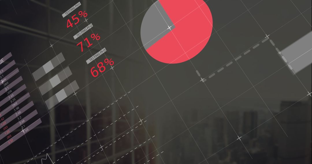 Infographic Interface Overlay on Urban Cityscape at Dusk